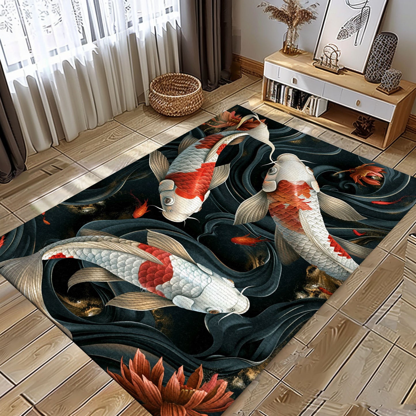 Koi Fish Rug – The Perfect Blend of Bedroom Elegance and Living Room Style for Koi Fish Enthusiasts, Koi Rugs, Koi Fish Rug Carpet for Koi Lovers Size 5x8, 4x6, 3x5, 2x3 FT Koi 07