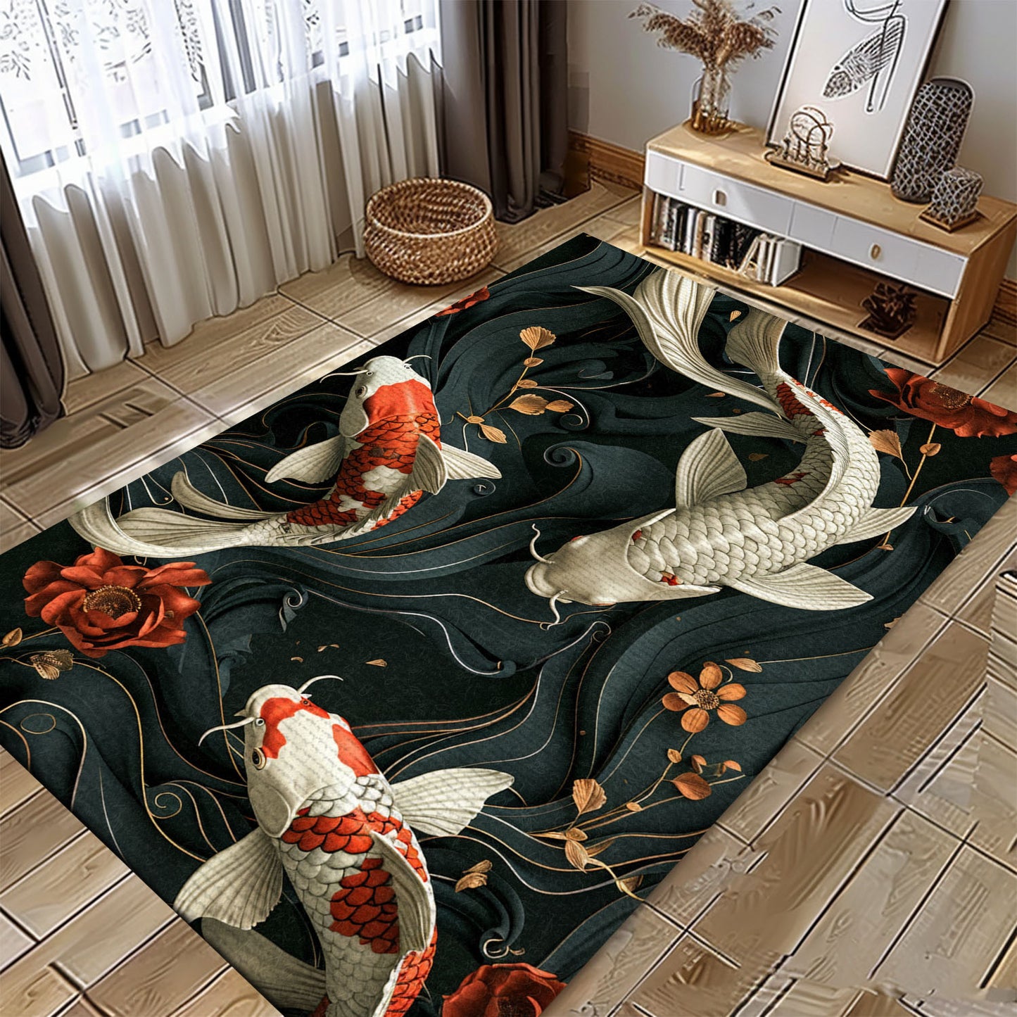 Koi Fish Rug for Living Room – An Exquisite Carpet That Doubles as Bedroom Decor and a Gift for Koi Lovers, Koi Rugs, Koi Fish Rug Carpet for Koi Lovers Size 5x8, 4x6, 3x5, 2x3 FT Koi 04