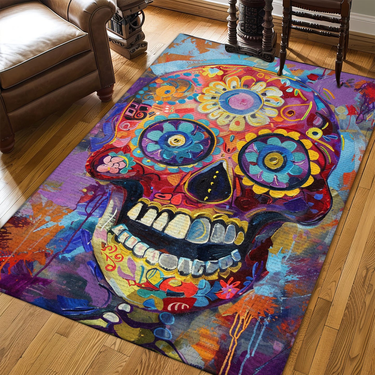 Personalized Day of the Dead Skulls Pattern Rug: Festive Vibes for Your Home Decor, Skull Rug, Area Rugs 5x8, 4x6, 3x5 Size for Living Room Bedroom Home Decorative Skull K48