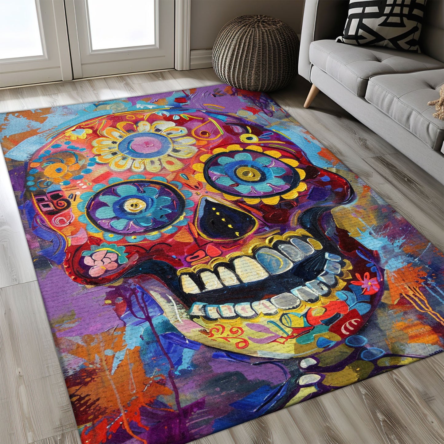 Personalized Day of the Dead Skulls Pattern Rug: Festive Vibes for Your Home Decor, Skull Rug, Area Rugs 5x8, 4x6, 3x5 Size for Living Room Bedroom Home Decorative Skull K48