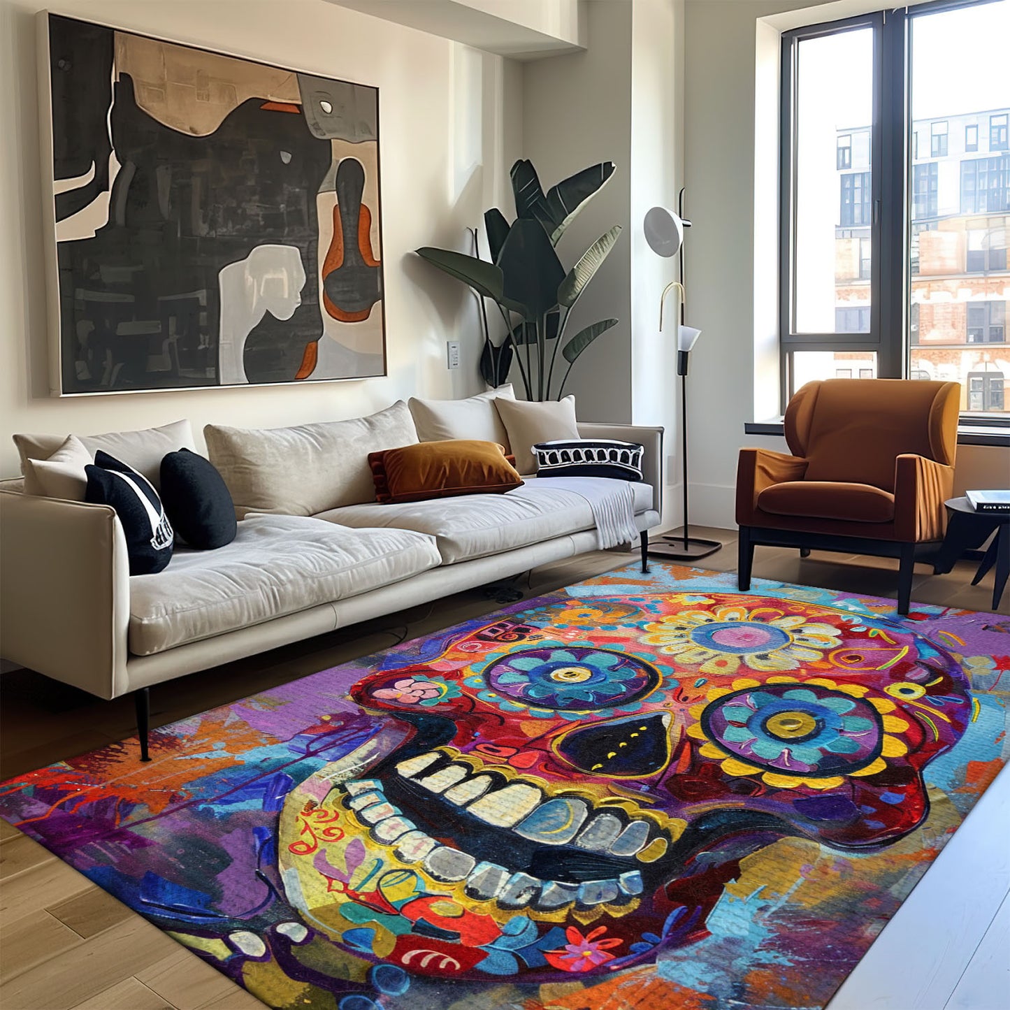 Personalized Day of the Dead Skulls Pattern Rug: Festive Vibes for Your Home Decor, Skull Rug, Area Rugs 5x8, 4x6, 3x5 Size for Living Room Bedroom Home Decorative Skull K48