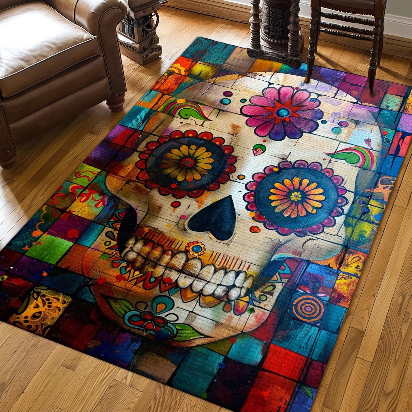 Personalized Colorful Mexican Sugar Skull Area Rug: Infuse Cultural Flair into Your Living Space, Skull Rug, Area Rugs 5x8, 4x6, 3x5 Size for Living Room Bedroom Home Decorative Skull K47