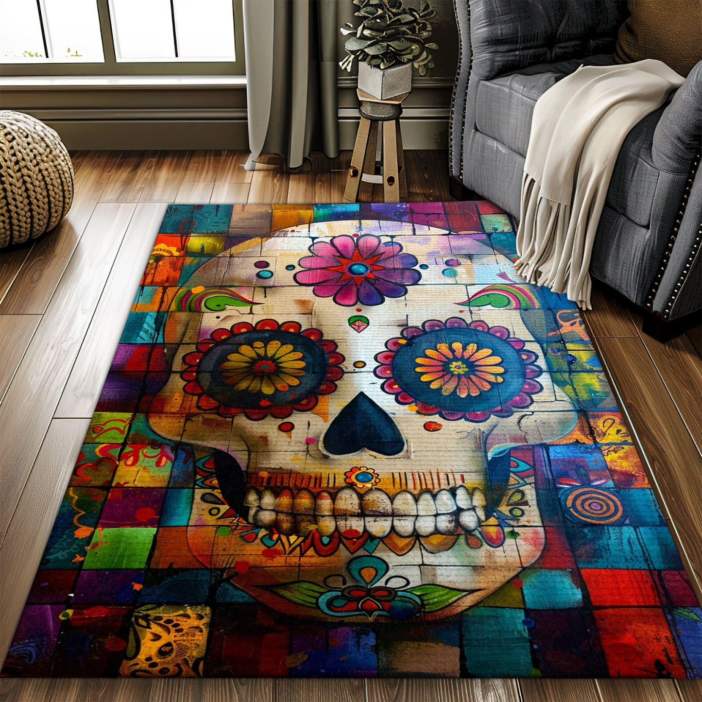 Personalized Colorful Mexican Sugar Skull Area Rug: Infuse Cultural Flair into Your Living Space, Skull Rug, Area Rugs 5x8, 4x6, 3x5 Size for Living Room Bedroom Home Decorative Skull K47