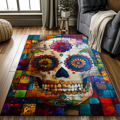 Personalized Colorful Mexican Sugar Skull Area Rug: Infuse Cultural Flair into Your Living Space, Skull Rug, Area Rugs 5x8, 4x6, 3x5 Size for Living Room Bedroom Home Decorative Skull K47