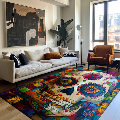 Personalized Colorful Mexican Sugar Skull Area Rug: Infuse Cultural Flair into Your Living Space, Skull Rug, Area Rugs 5x8, 4x6, 3x5 Size for Living Room Bedroom Home Decorative Skull K47