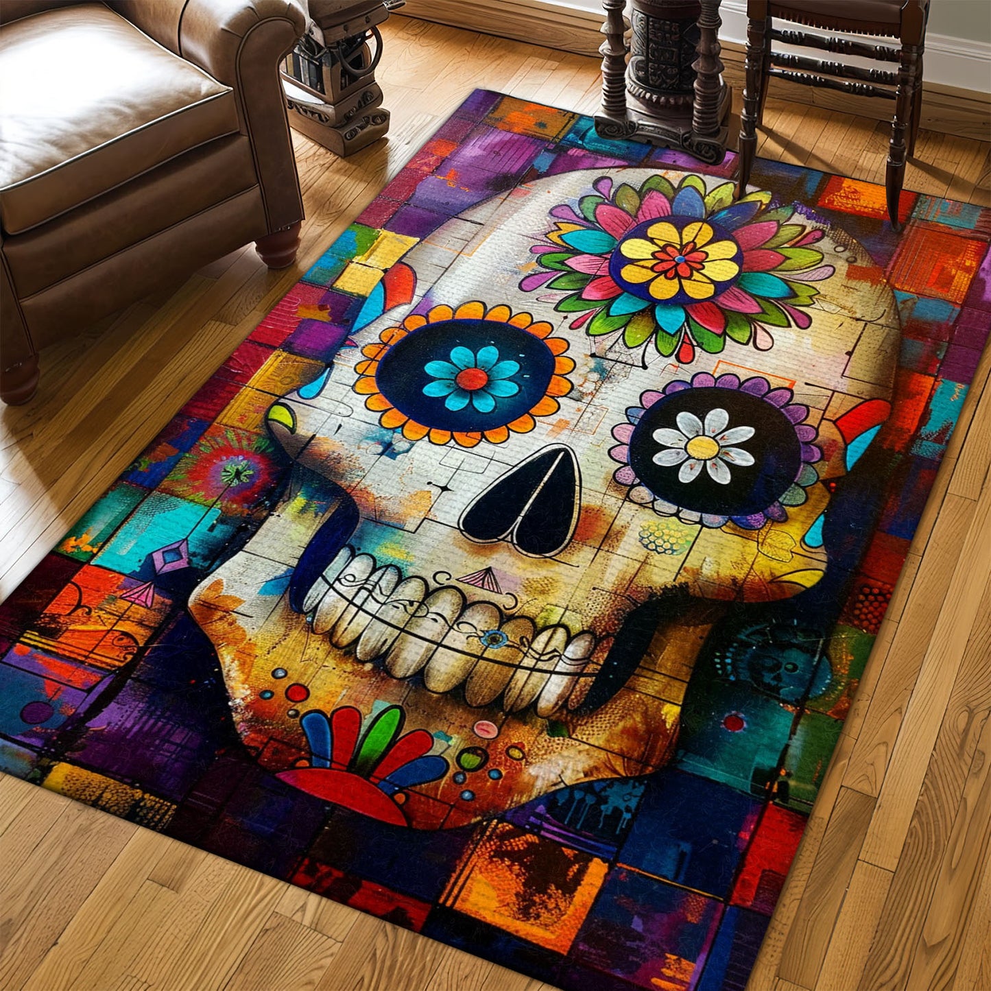 Make a Statement with Your Flooring: Batik Style Sugar Skull Rug, Skull Rug, Area Rugs 5x8, 4x6, 3x5 Size for Living Room Bedroom Home Decorative Skull K46