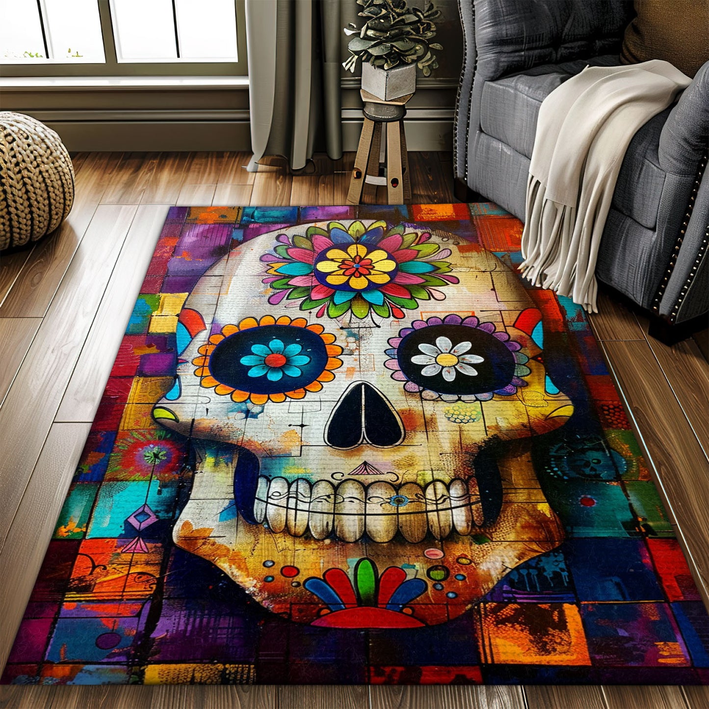 Make a Statement with Your Flooring: Batik Style Sugar Skull Rug, Skull Rug, Area Rugs 5x8, 4x6, 3x5 Size for Living Room Bedroom Home Decorative Skull K46