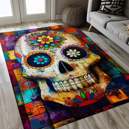 Make a Statement with Your Flooring: Batik Style Sugar Skull Rug, Skull Rug, Area Rugs 5x8, 4x6, 3x5 Size for Living Room Bedroom Home Decorative Skull K46