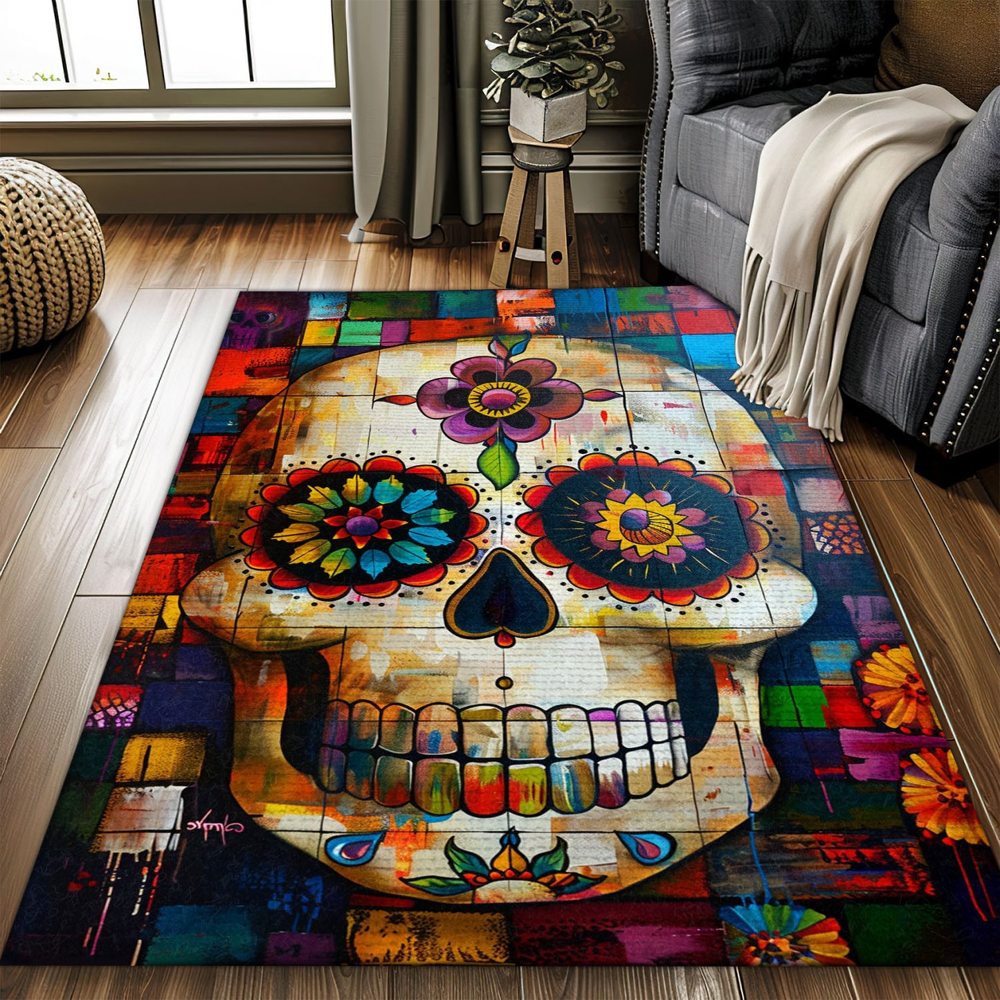 Symbolize Life and Remembrance in Your Home with a Mexican Dia de los Muertos Rug, Skull Rug, Area Rugs 5x8, 4x6, 3x5 Size for Living Room Bedroom Home Decorative Skull K45