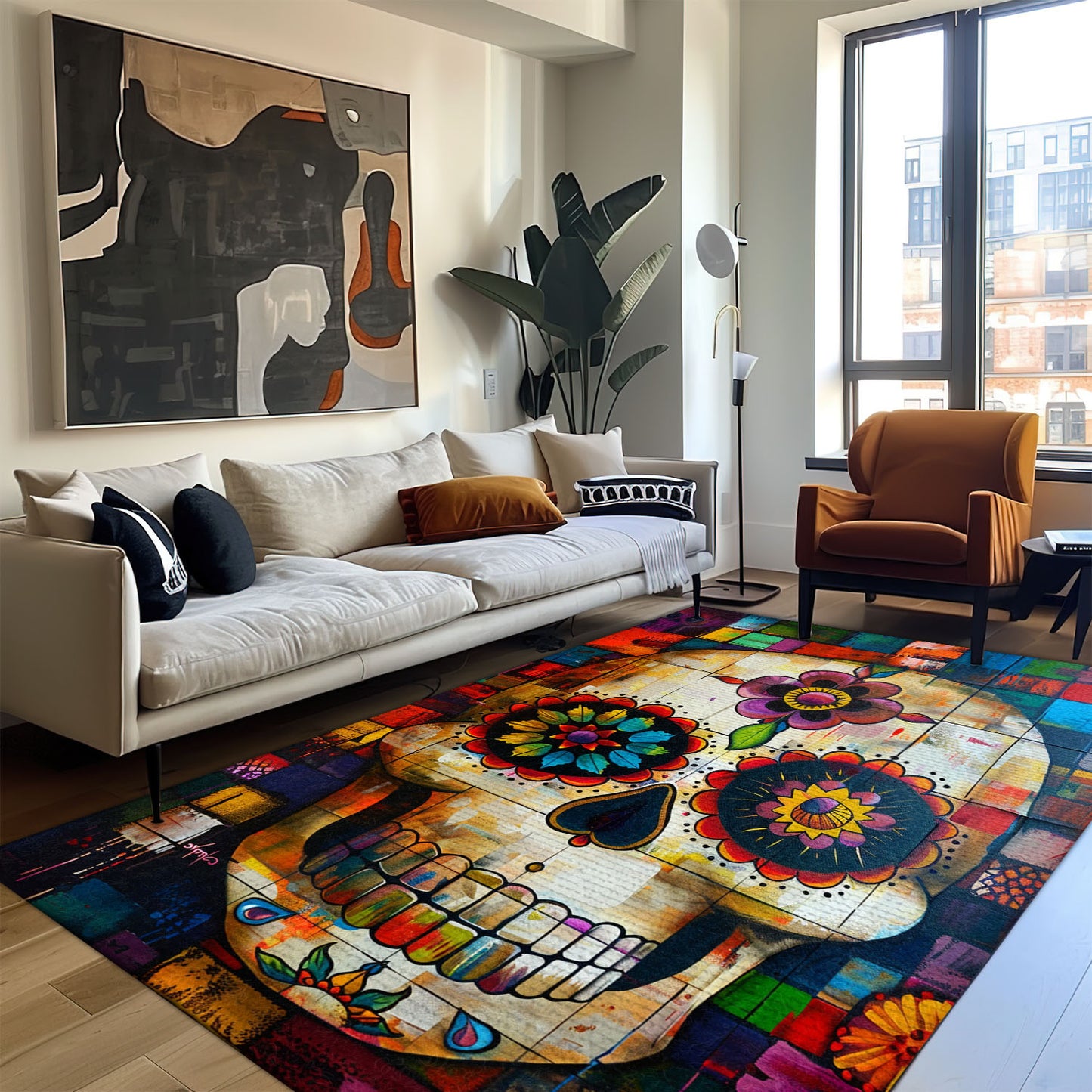 Symbolize Life and Remembrance in Your Home with a Mexican Dia de los Muertos Rug, Skull Rug, Area Rugs 5x8, 4x6, 3x5 Size for Living Room Bedroom Home Decorative Skull K45