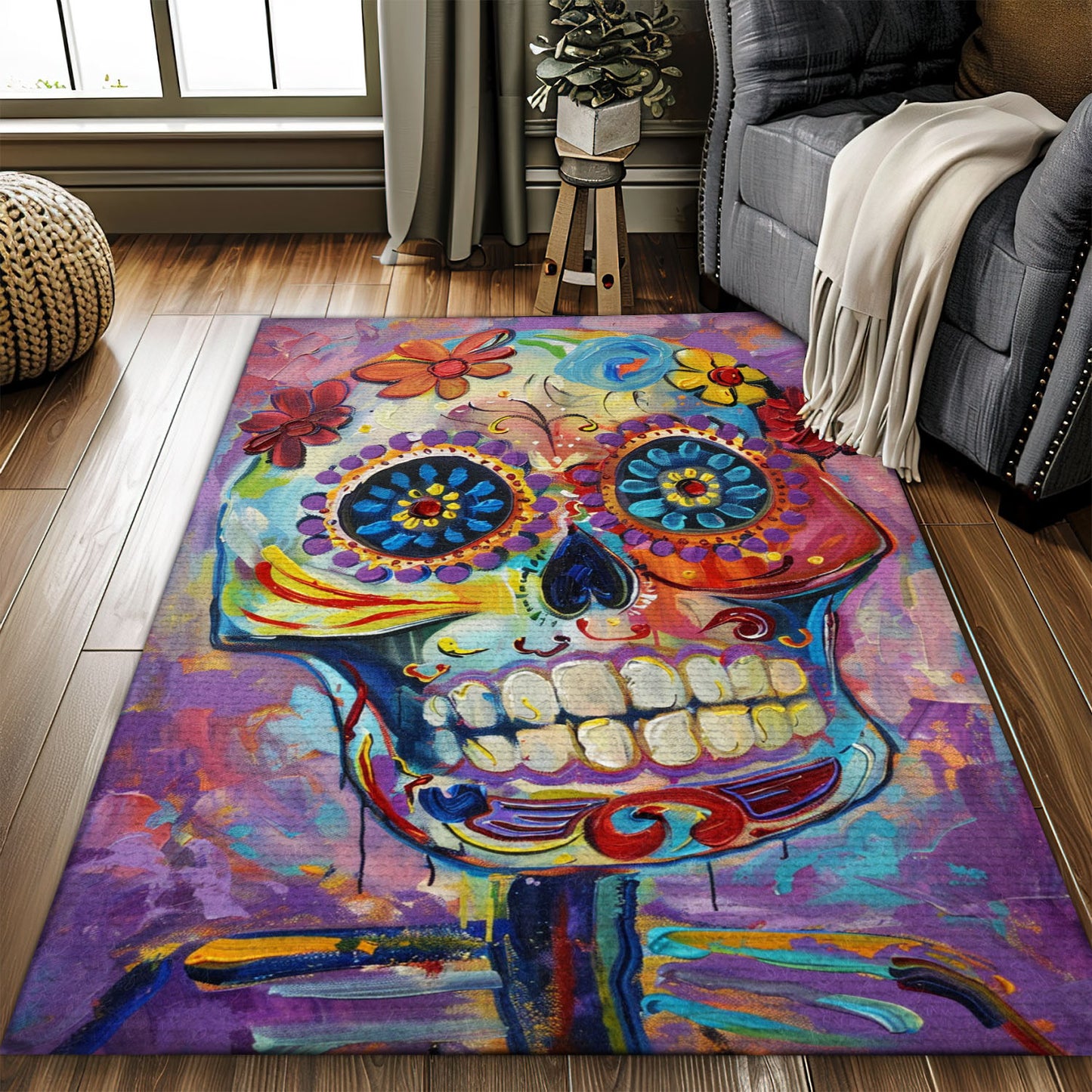 Celebrate Tradition in Style with a Day of the Dead Inspired Skull Area Rug, Skull Rug, Area Rugs 5x8, 4x6, 3x5 Size for Living Room Bedroom Home Decorative Skull K44