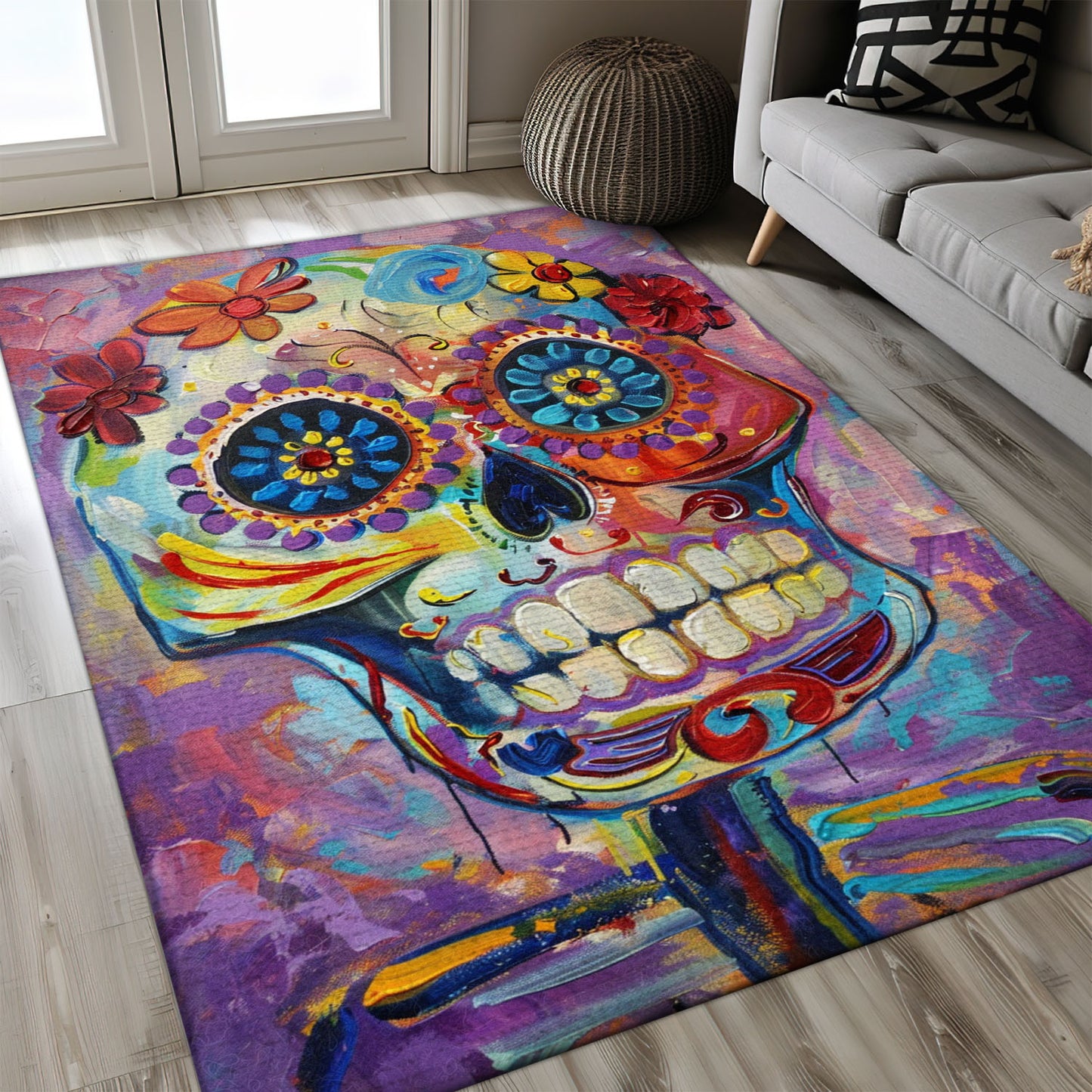 Celebrate Tradition in Style with a Day of the Dead Inspired Skull Area Rug, Skull Rug, Area Rugs 5x8, 4x6, 3x5 Size for Living Room Bedroom Home Decorative Skull K44