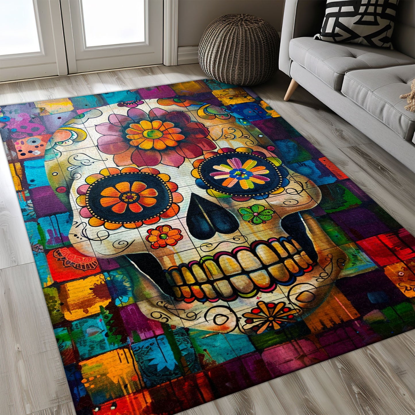 Unique Accent for Your Living Space: Batik Sugar Skull Design Rug, Skull Rug, Area Rugs 5x8, 4x6, 3x5 Size for Living Room Bedroom Home Decorative Skull K43