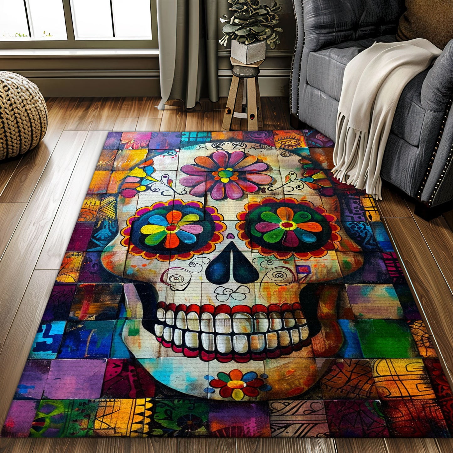 Add Festive Charm to Your Home with Colorful Day of the Dead Skulls Rug, Skull Rug, Area Rugs 5x8, 4x6, 3x5 Size for Living Room Bedroom Home Decorative Skull K42