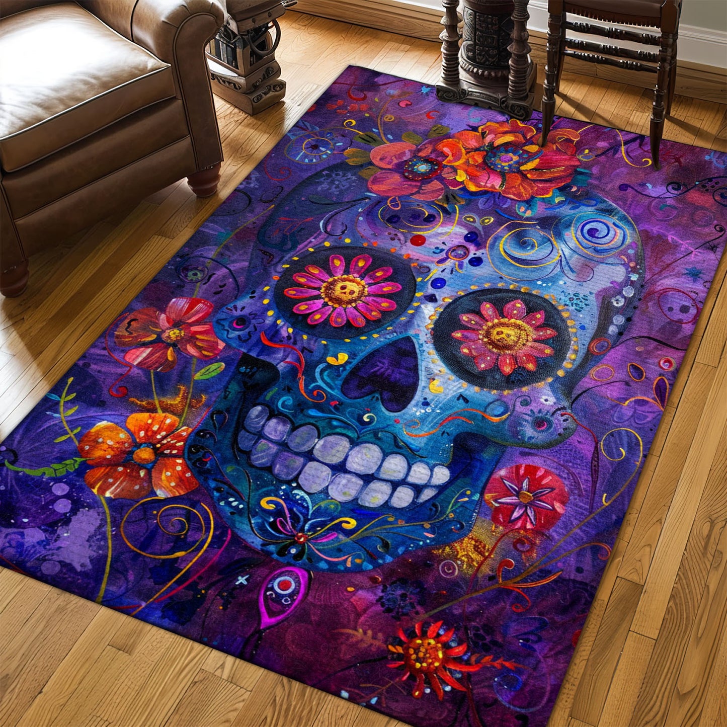 Vibrant Decor for Bedroom Living Room: Mexican Sugar Skull Area Rug, Skull Rug, Area Rugs 5x8, 4x6, 3x5 Size for Living Room Bedroom Home Decorative Skull K41