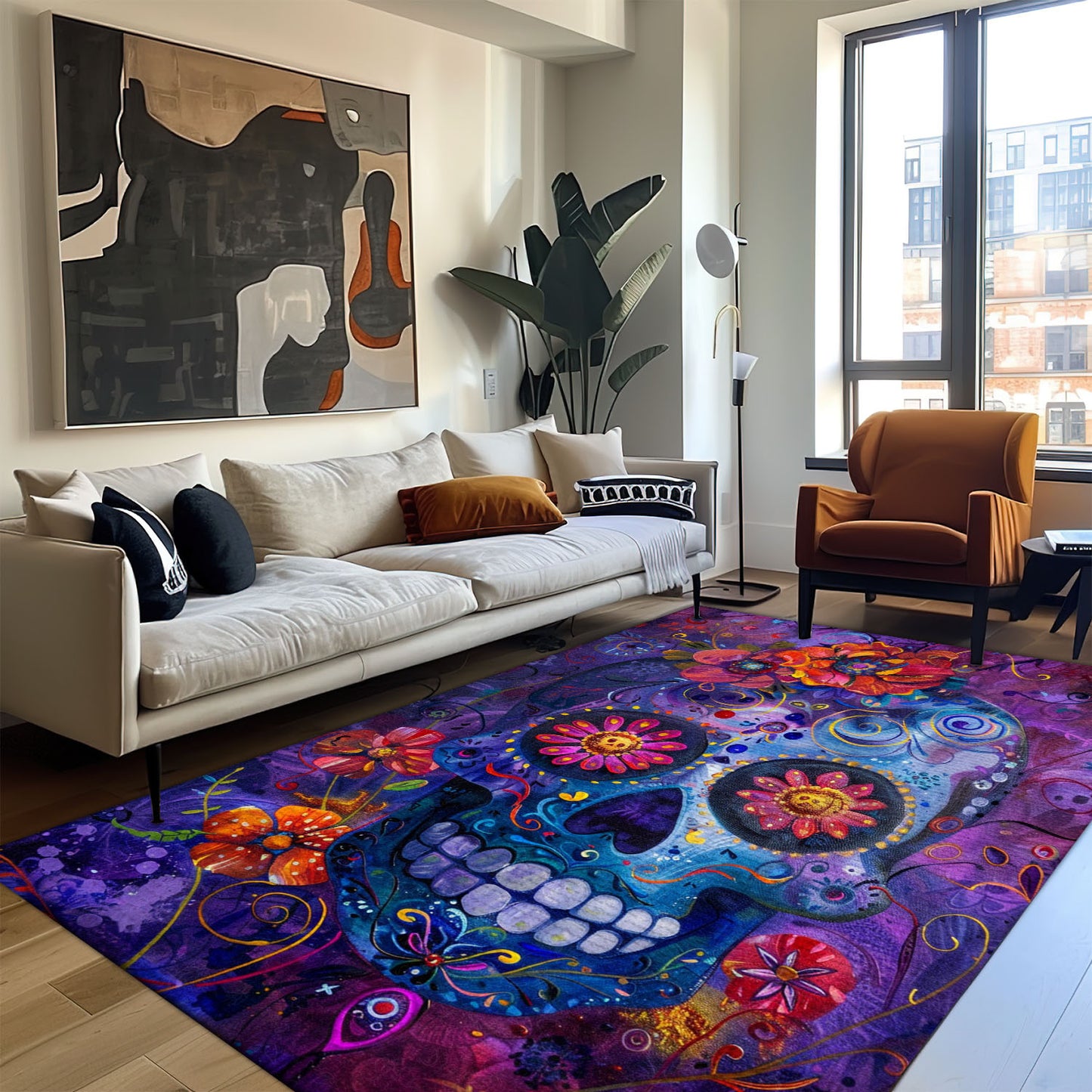 Vibrant Decor for Bedroom Living Room: Mexican Sugar Skull Area Rug, Skull Rug, Area Rugs 5x8, 4x6, 3x5 Size for Living Room Bedroom Home Decorative Skull K41