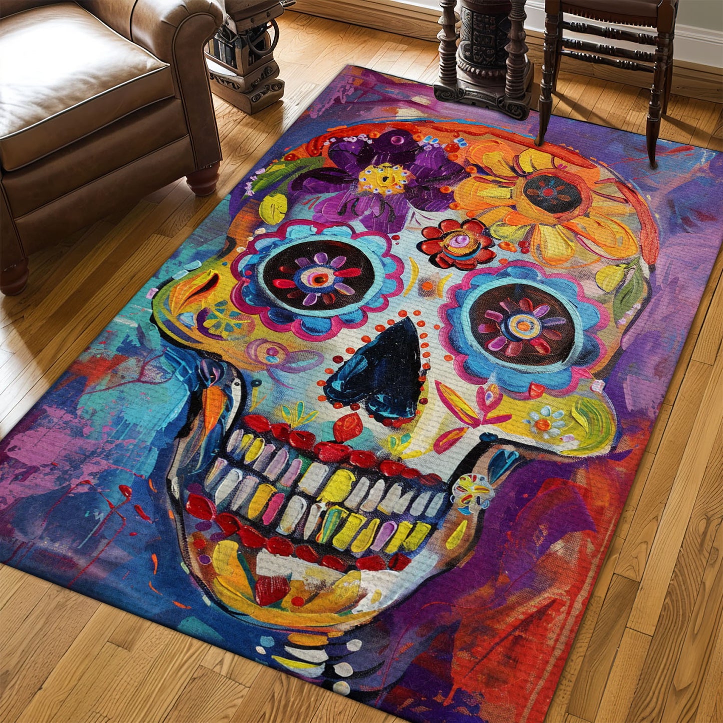 Express Your Artistic Side with a Sugar Skull Rose with Handbone Patterned Rug, Skull Rug, Area Rugs 5x8, 4x6, 3x5 Size for Living Room Bedroom Home Decorative Skull K40