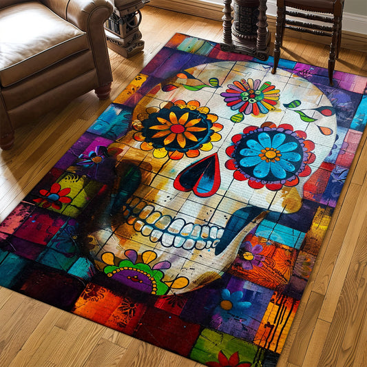 Symbolize Life and Death in Your Home with a Mexican Day of the Dead Inspired Rug, Skull Rug, Area Rugs 5x8, 4x6, 3x5 Size for Living Room Bedroom Home Decorative Skull K39