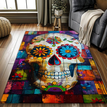 Symbolize Life and Death in Your Home with a Mexican Day of the Dead Inspired Rug, Skull Rug, Area Rugs 5x8, 4x6, 3x5 Size for Living Room Bedroom Home Decorative Skull K39