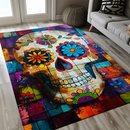 Symbolize Life and Death in Your Home with a Mexican Day of the Dead Inspired Rug, Skull Rug, Area Rugs 5x8, 4x6, 3x5 Size for Living Room Bedroom Home Decorative Skull K39