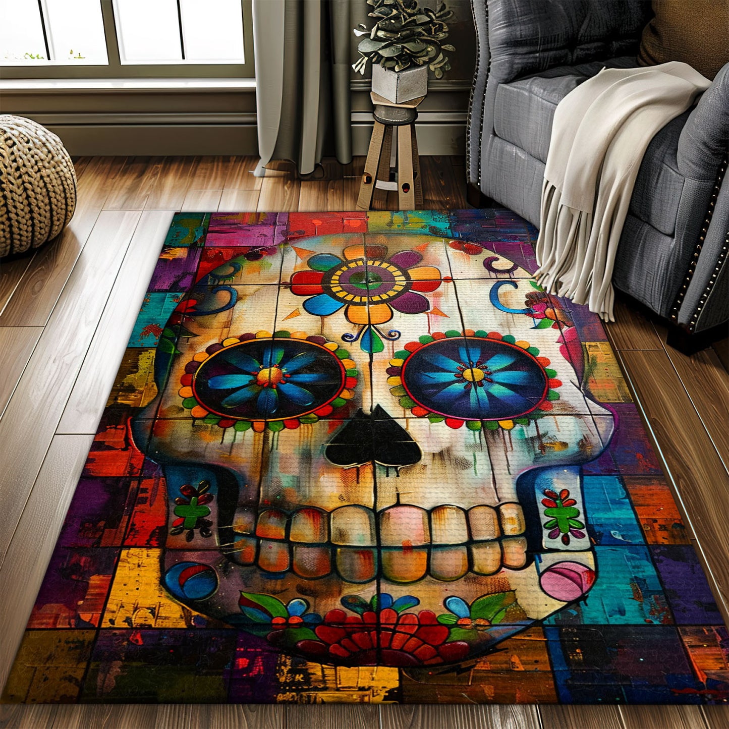Make Your Floors Pop with Color: Skull and Floral Print Area Rug, Skull Rug, Area Rugs 5x8, 4x6, 3x5 Size for Living Room Bedroom Home Decorative Skull K38