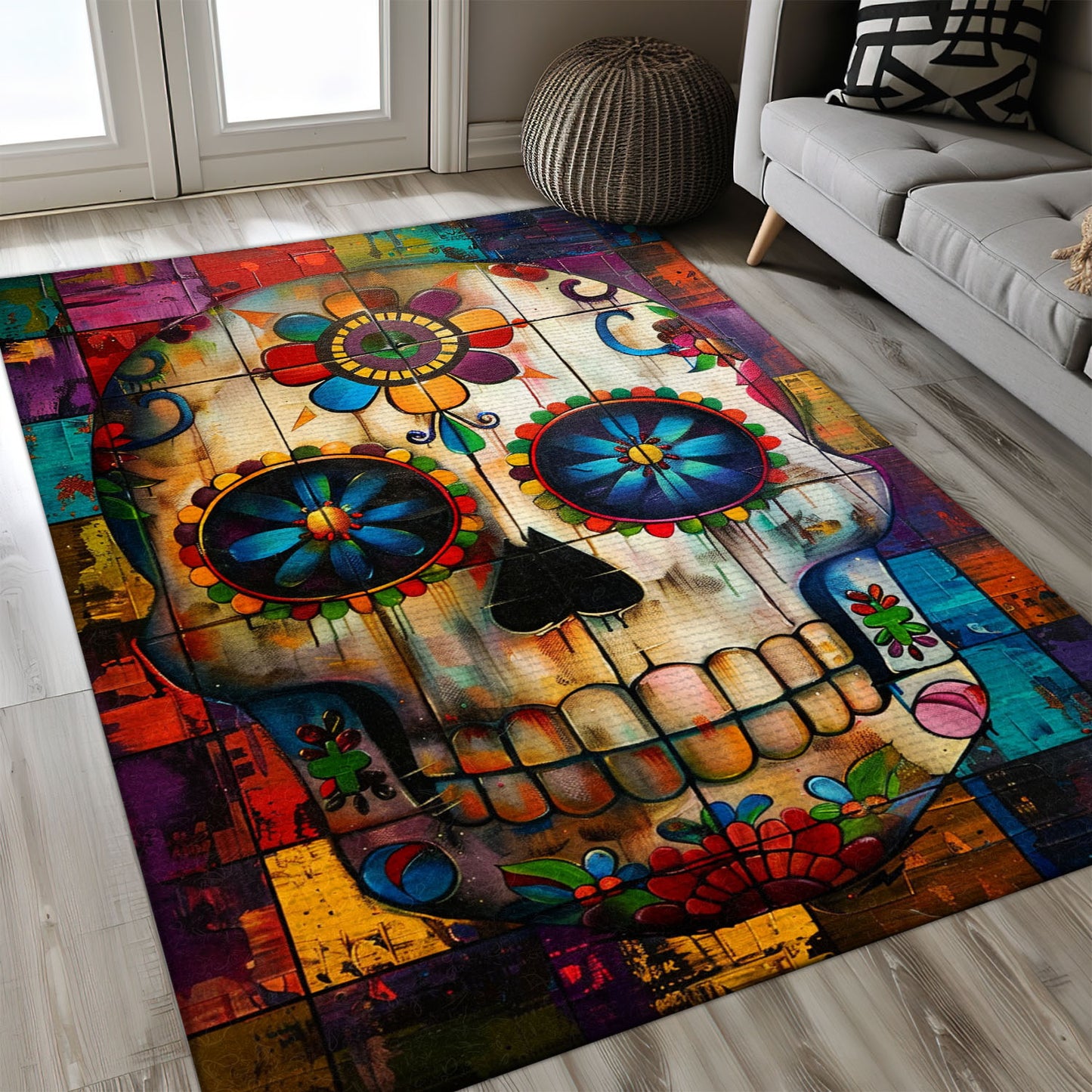 Make Your Floors Pop with Color: Skull and Floral Print Area Rug, Skull Rug, Area Rugs 5x8, 4x6, 3x5 Size for Living Room Bedroom Home Decorative Skull K38