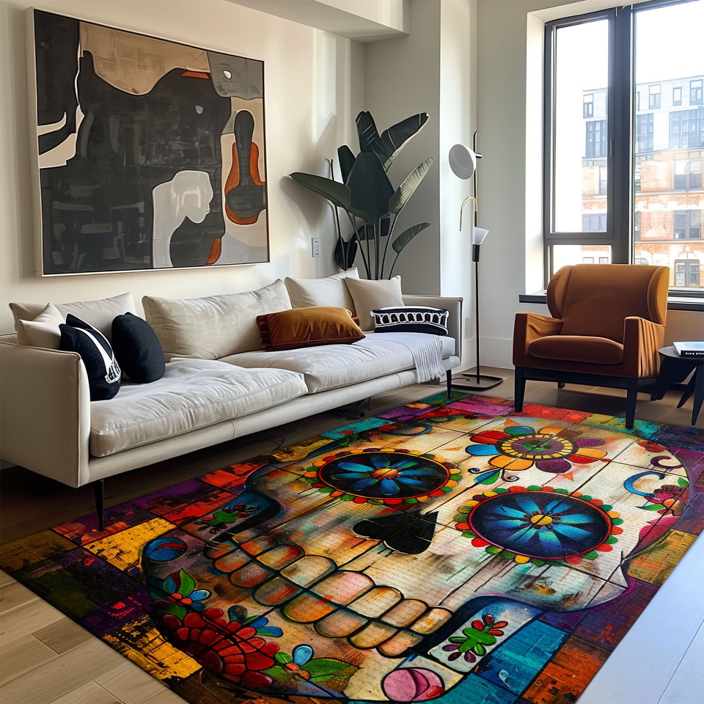 Make Your Floors Pop with Color: Skull and Floral Print Area Rug, Skull Rug, Area Rugs 5x8, 4x6, 3x5 Size for Living Room Bedroom Home Decorative Skull K38