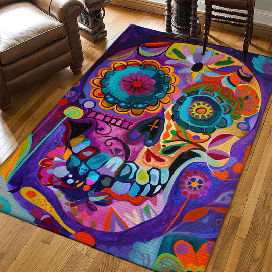 Create a Bold Look in Your Home with a Handbone and Rose Sugar Skull Theme Rug, Skull Rug, Area Rugs 5x8, 4x6, 3x5 Size for Living Room Bedroom Home Decorative Skull K37