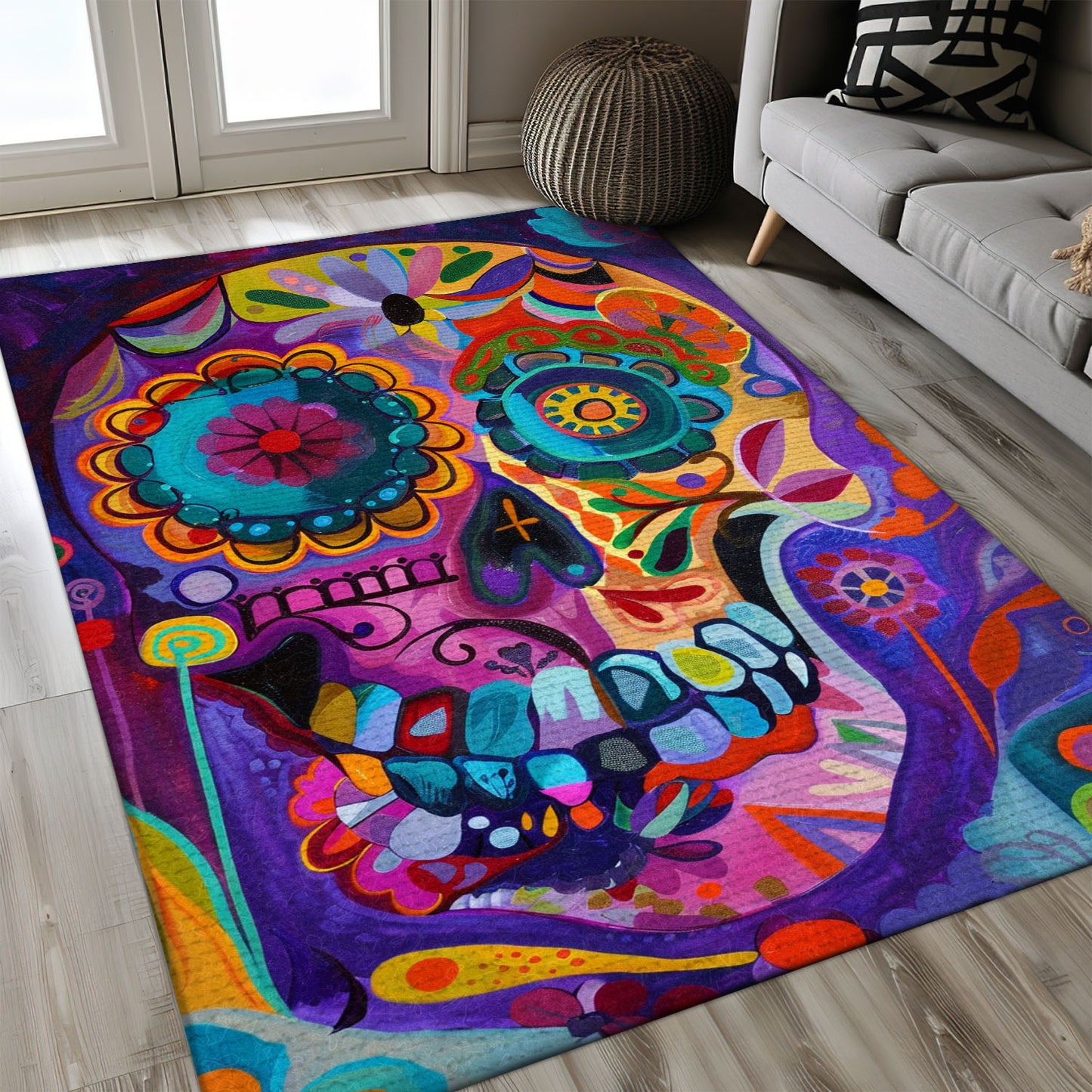 Create a Bold Look in Your Home with a Handbone and Rose Sugar Skull Theme Rug, Skull Rug, Area Rugs 5x8, 4x6, 3x5 Size for Living Room Bedroom Home Decorative Skull K37