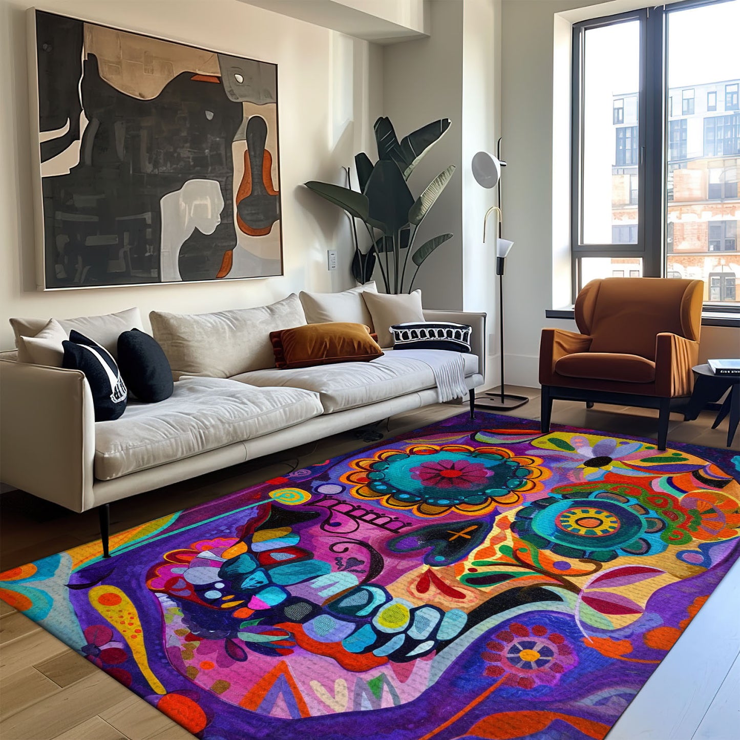 Create a Bold Look in Your Home with a Handbone and Rose Sugar Skull Theme Rug, Skull Rug, Area Rugs 5x8, 4x6, 3x5 Size for Living Room Bedroom Home Decorative Skull K37