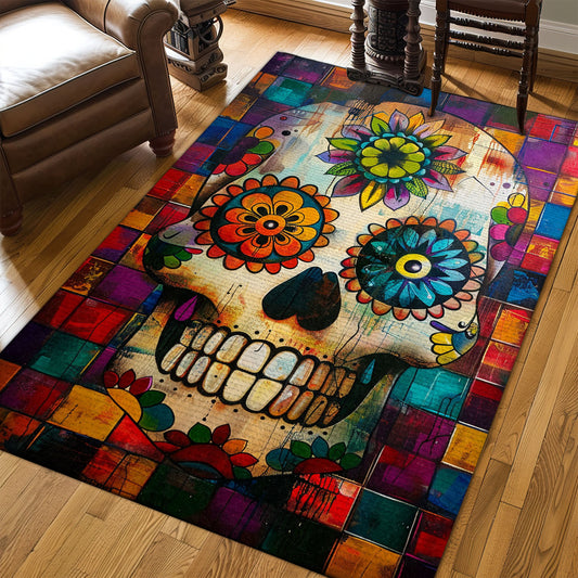 Add Vibrancy to Your Bedroom Living Room with a Colorful Mexican Sugar Skull Rug, Skull Rug, Area Rugs 5x8, 4x6, 3x5 Size for Living Room Bedroom Home Decorative Skull K36