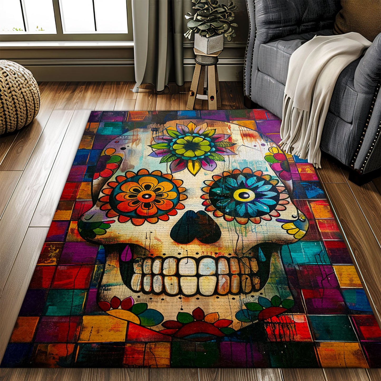 Add Vibrancy to Your Bedroom Living Room with a Colorful Mexican Sugar Skull Rug, Skull Rug, Area Rugs 5x8, 4x6, 3x5 Size for Living Room Bedroom Home Decorative Skull K36