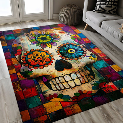 Add Vibrancy to Your Bedroom Living Room with a Colorful Mexican Sugar Skull Rug, Skull Rug, Area Rugs 5x8, 4x6, 3x5 Size for Living Room Bedroom Home Decorative Skull K36