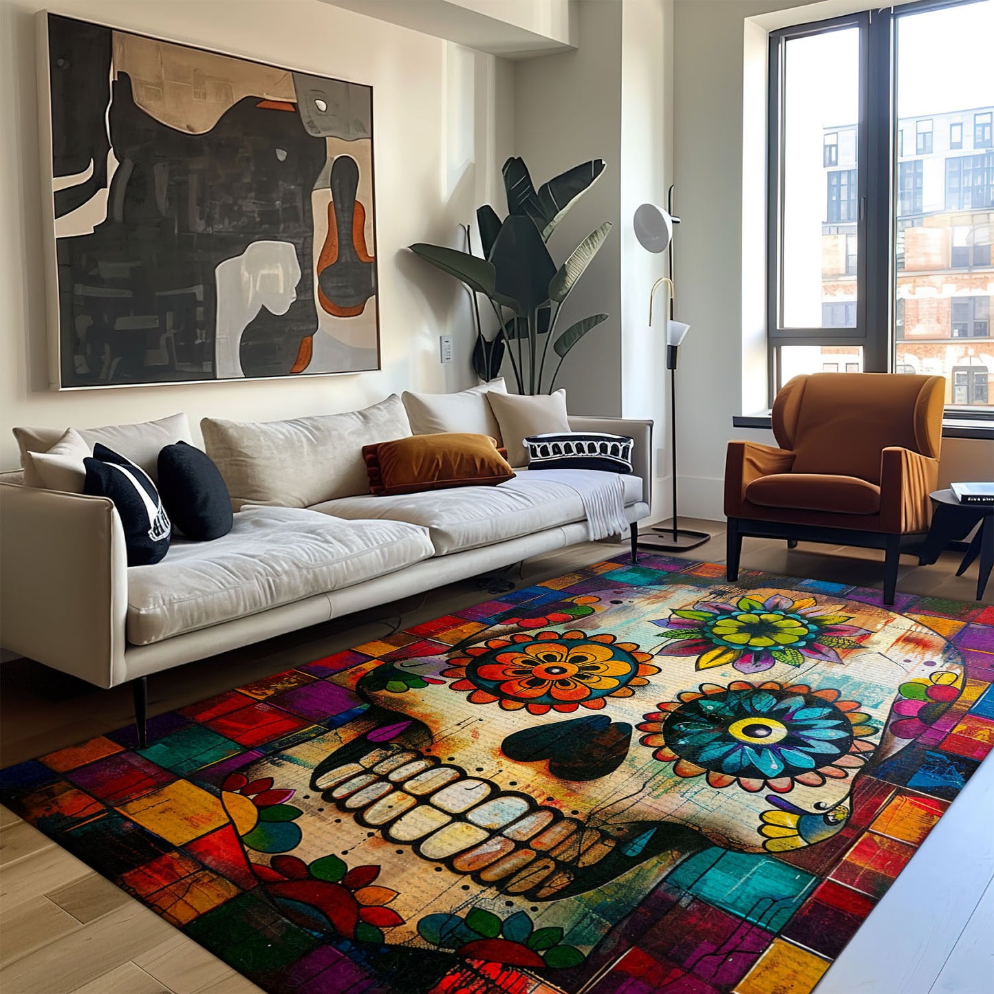 Add Vibrancy to Your Bedroom Living Room with a Colorful Mexican Sugar Skull Rug, Skull Rug, Area Rugs 5x8, 4x6, 3x5 Size for Living Room Bedroom Home Decorative Skull K36