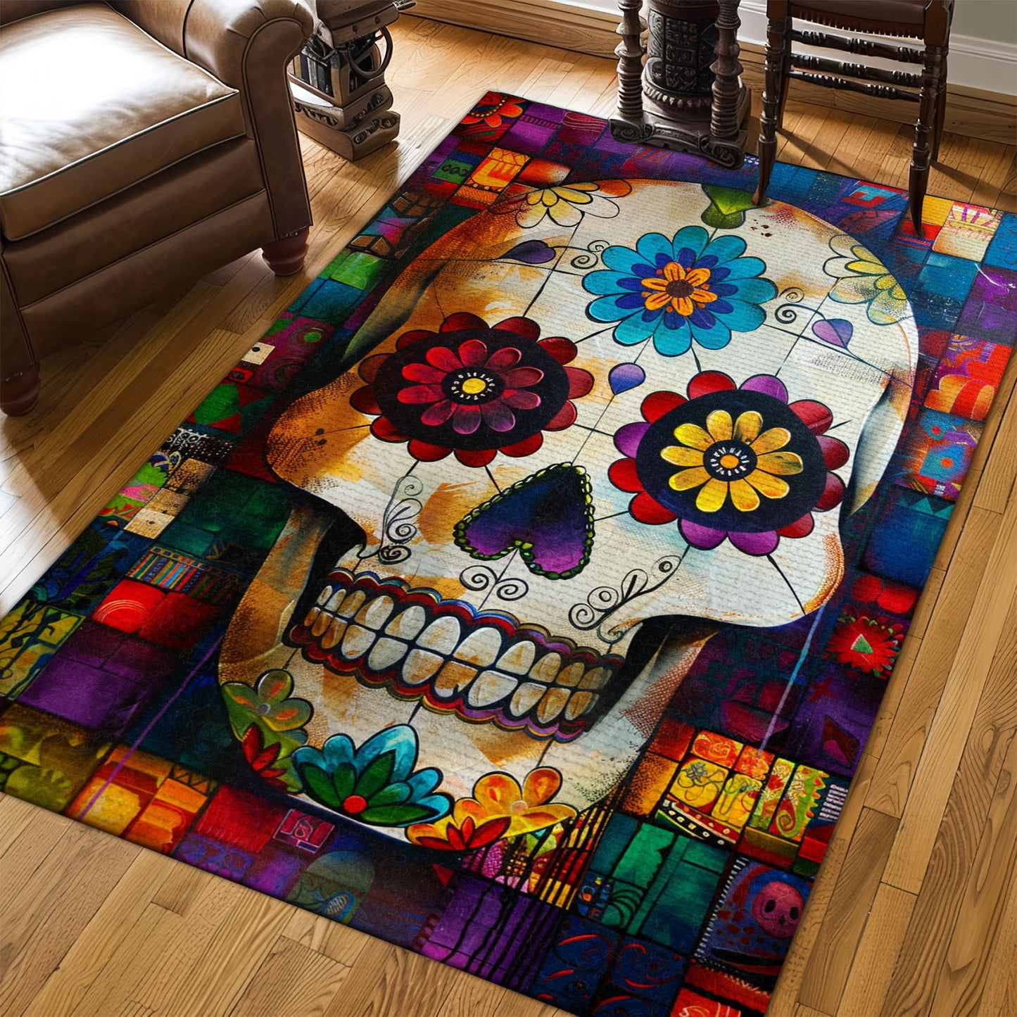 Bring Festive Vibes to Your Living Room with a Mexican Dia de los Muertos Rug, Skull Rug, Area Rugs 5x8, 4x6, 3x5 Size for Living Room Bedroom Home Decorative Skull K35