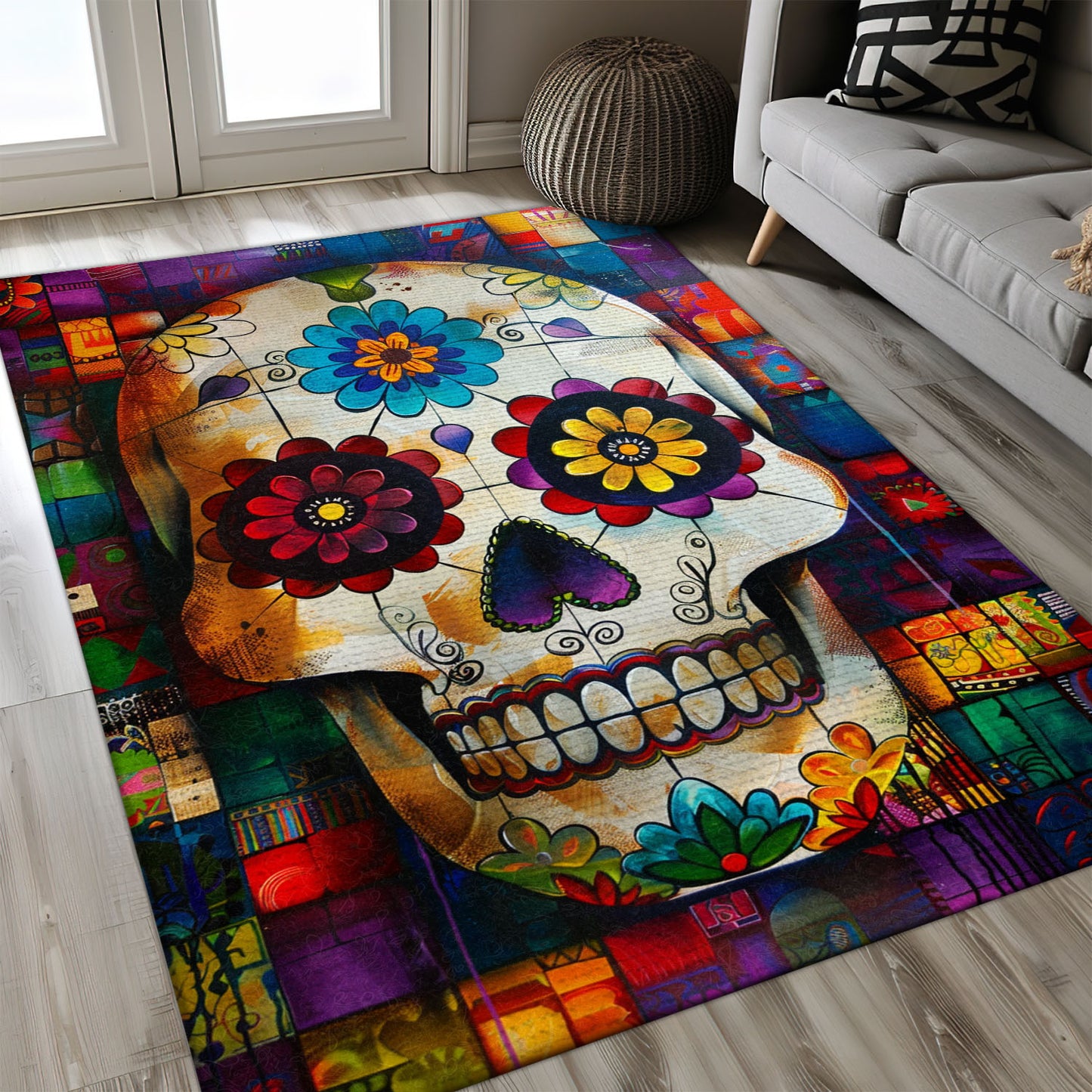 Bring Festive Vibes to Your Living Room with a Mexican Dia de los Muertos Rug, Skull Rug, Area Rugs 5x8, 4x6, 3x5 Size for Living Room Bedroom Home Decorative Skull K35