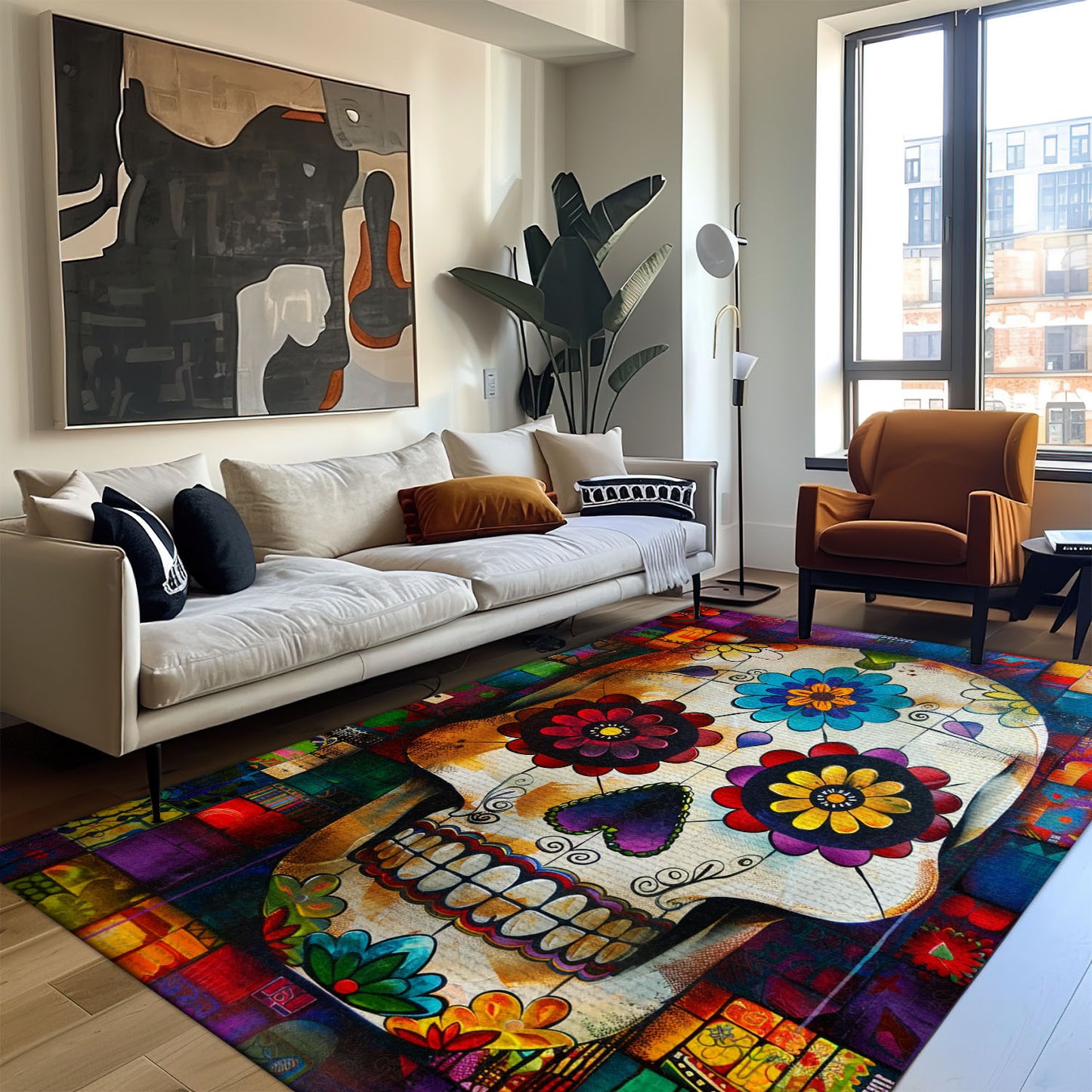 Bring Festive Vibes to Your Living Room with a Mexican Dia de los Muertos Rug, Skull Rug, Area Rugs 5x8, 4x6, 3x5 Size for Living Room Bedroom Home Decorative Skull K35