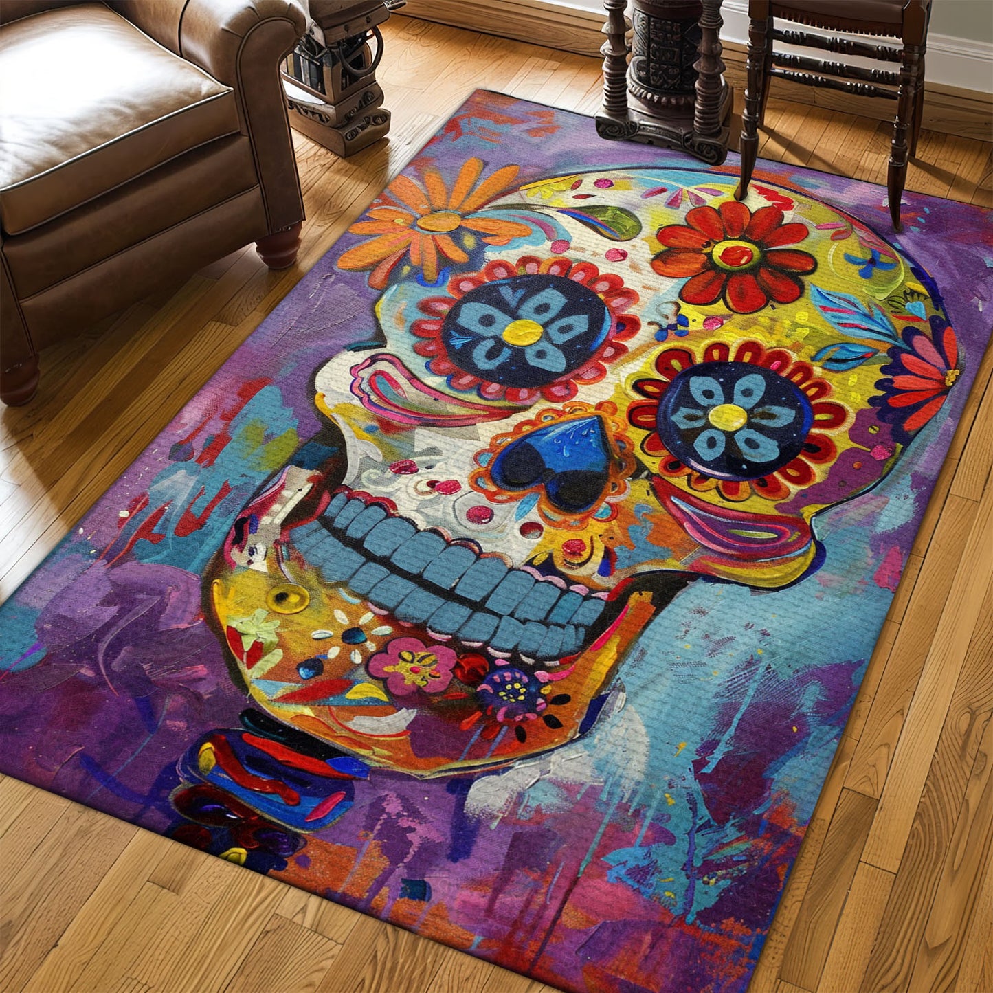 Enhance Your Floors with Drama: Sugar Skull Rose with Handbone Design Carpet, Skull Rug, Area Rugs 5x8, 4x6, 3x5 Size for Living Room Bedroom Home Decorative Skull K34