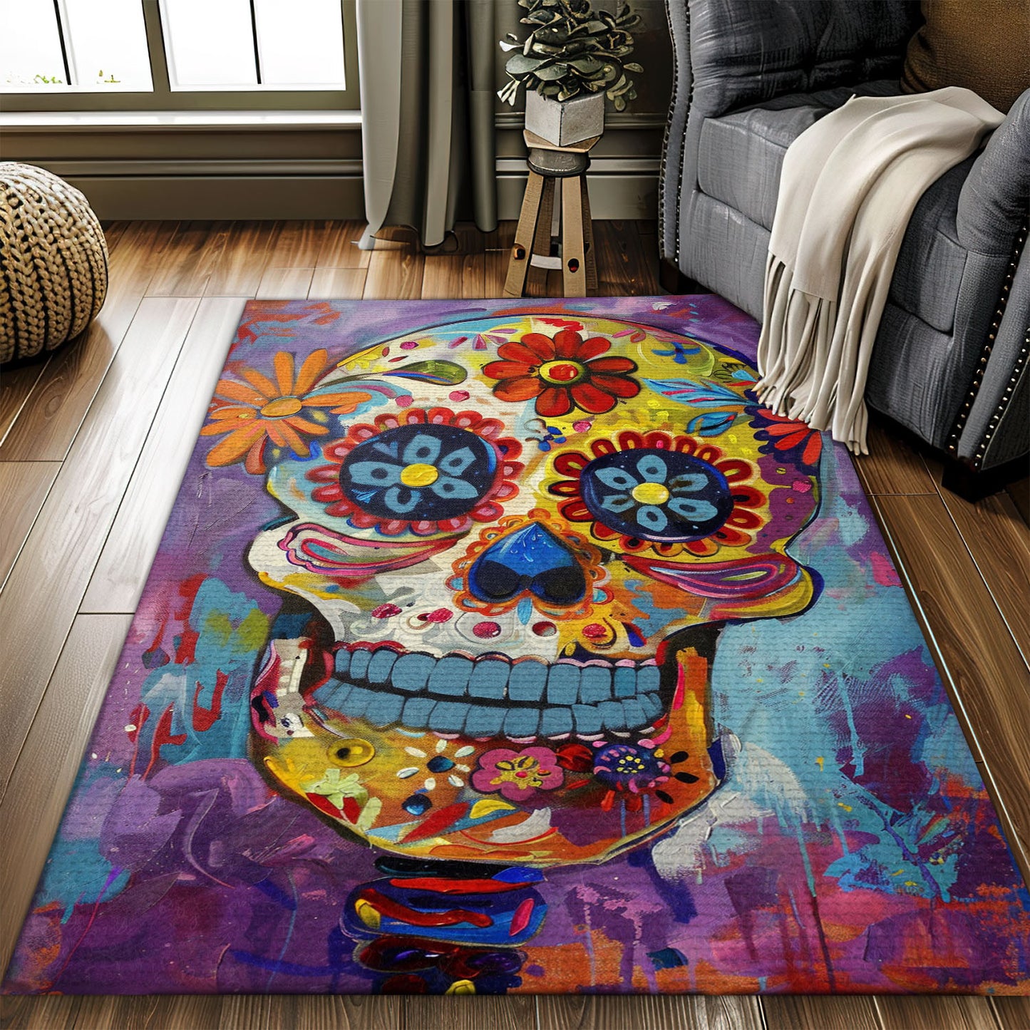 Enhance Your Floors with Drama: Sugar Skull Rose with Handbone Design Carpet, Skull Rug, Area Rugs 5x8, 4x6, 3x5 Size for Living Room Bedroom Home Decorative Skull K34