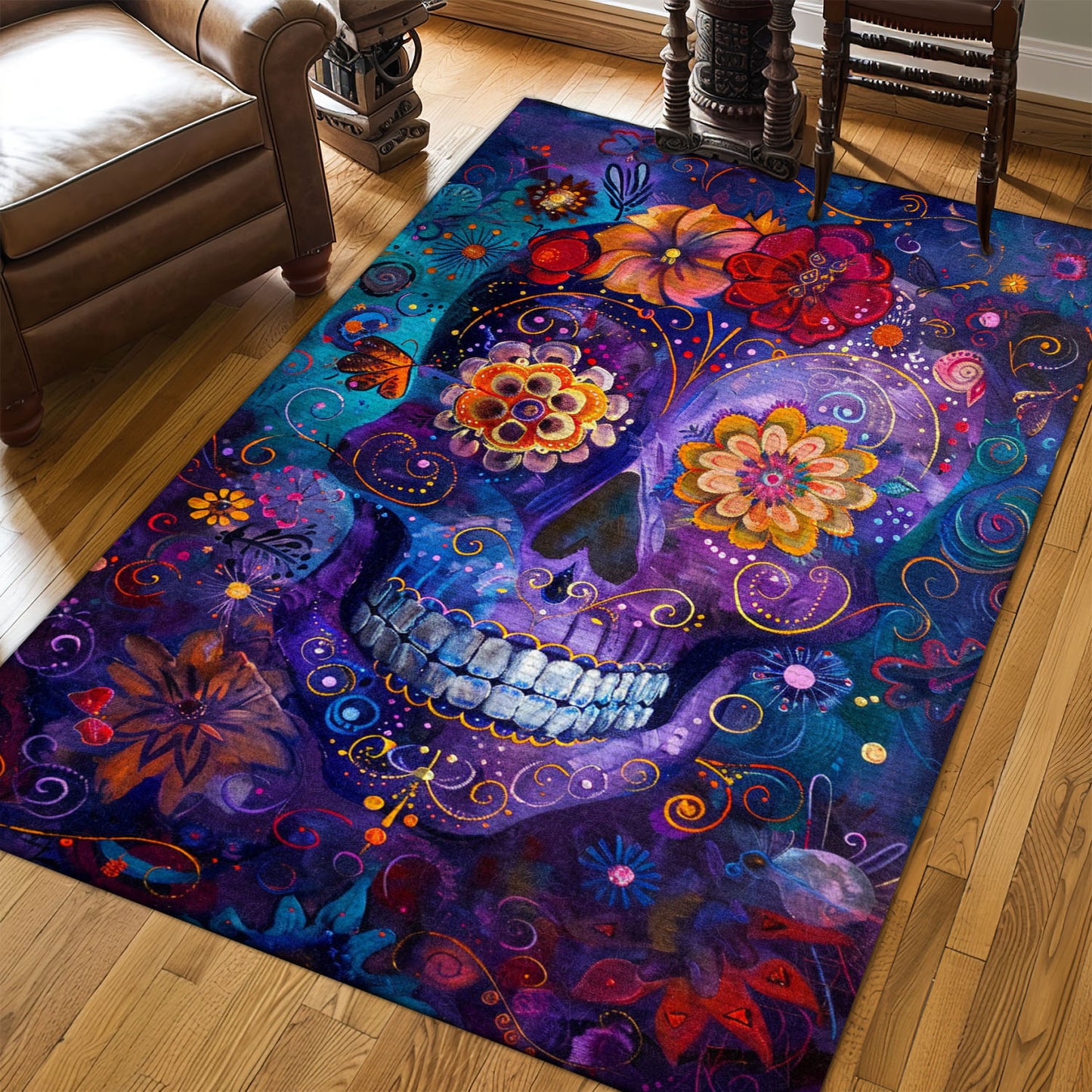 Make a Statement in Your Space with a Skull and Rose Patterned Area Rug, Skull Rug, Area Rugs 5x8, 4x6, 3x5 Size for Living Room Bedroom Home Decorative Skull K33