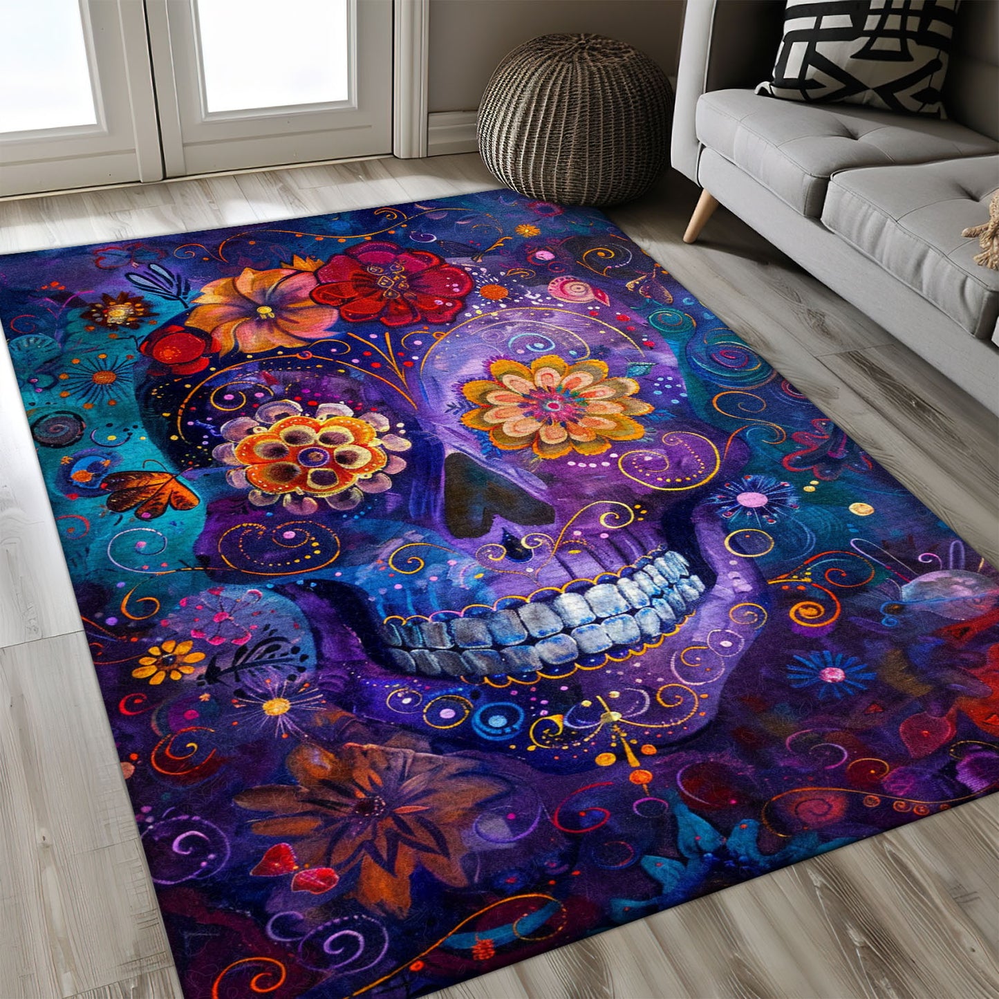 Make a Statement in Your Space with a Skull and Rose Patterned Area Rug, Skull Rug, Area Rugs 5x8, 4x6, 3x5 Size for Living Room Bedroom Home Decorative Skull K33