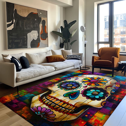 Celebrate Tradition in Your Home with a Mexican Day of the Dead Rug, Skull Rug, Area Rugs 5x8, 4x6, 3x5 Size for Living Room Bedroom Home Decorative Skull K32