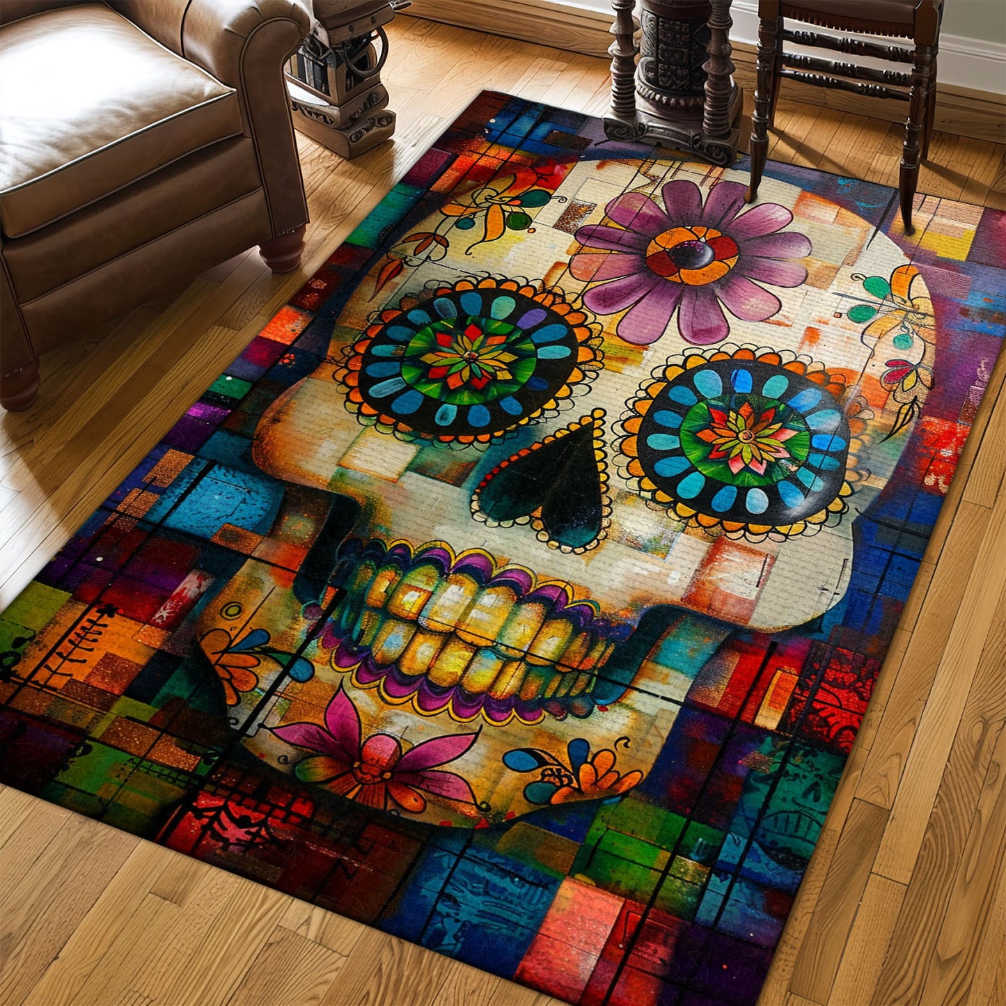 Elevate Your Living Space with a Handbone and Floral Sugar Skull Theme Rug, Skull Rug, Area Rugs 5x8, 4x6, 3x5 Size for Living Room Bedroom Home Decorative Skull K31