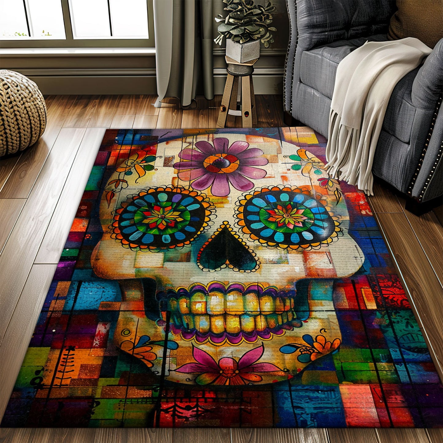 Elevate Your Living Space with a Handbone and Floral Sugar Skull Theme Rug, Skull Rug, Area Rugs 5x8, 4x6, 3x5 Size for Living Room Bedroom Home Decorative Skull K31