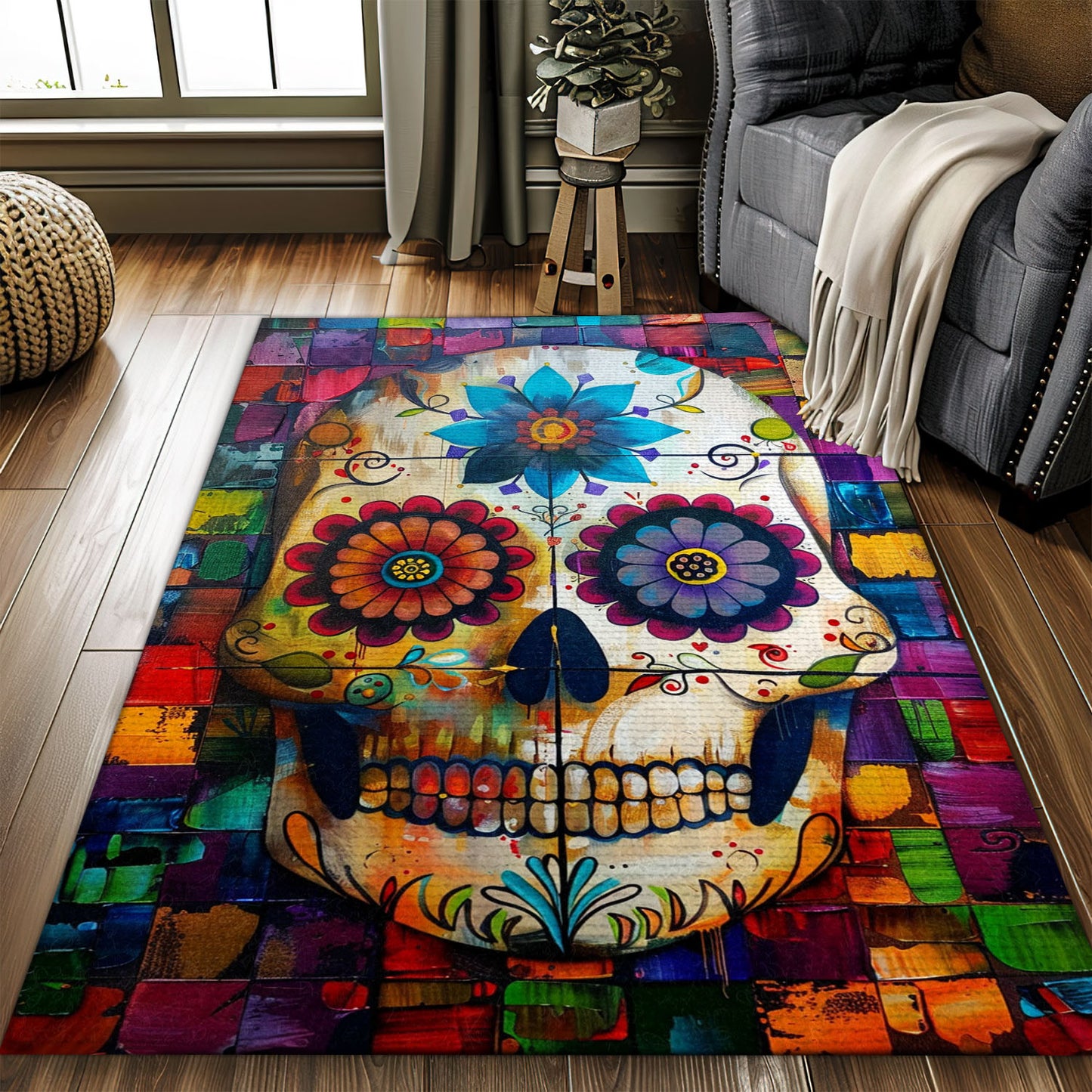 Add a Touch of Edge to Your Home Decor with a Colorful Sugar Skull Print Rug, Skull Rug, Area Rugs 5x8, 4x6, 3x5 Size for Living Room Bedroom Home Decorative Skull K30