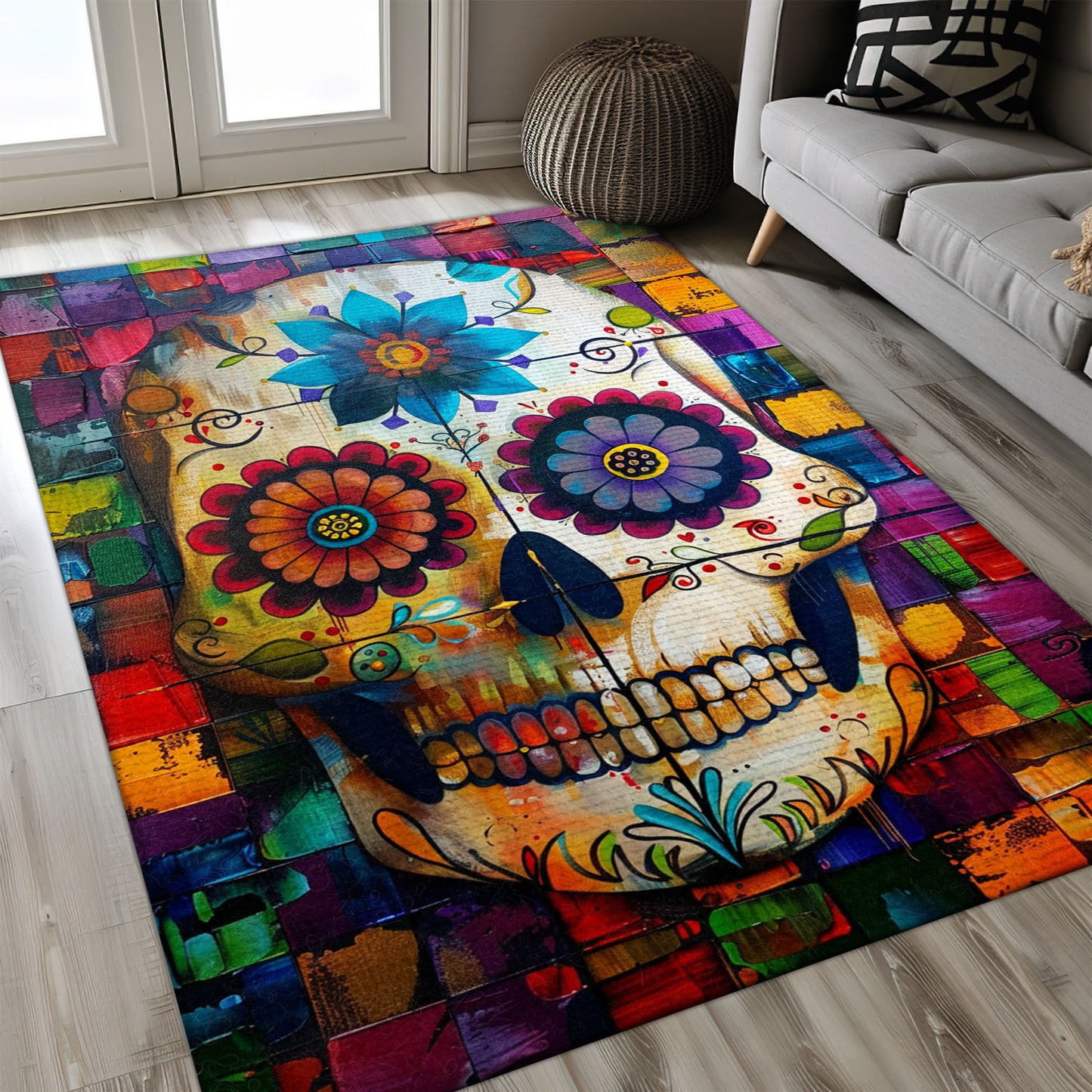 Add a Touch of Edge to Your Home Decor with a Colorful Sugar Skull Print Rug, Skull Rug, Area Rugs 5x8, 4x6, 3x5 Size for Living Room Bedroom Home Decorative Skull K30