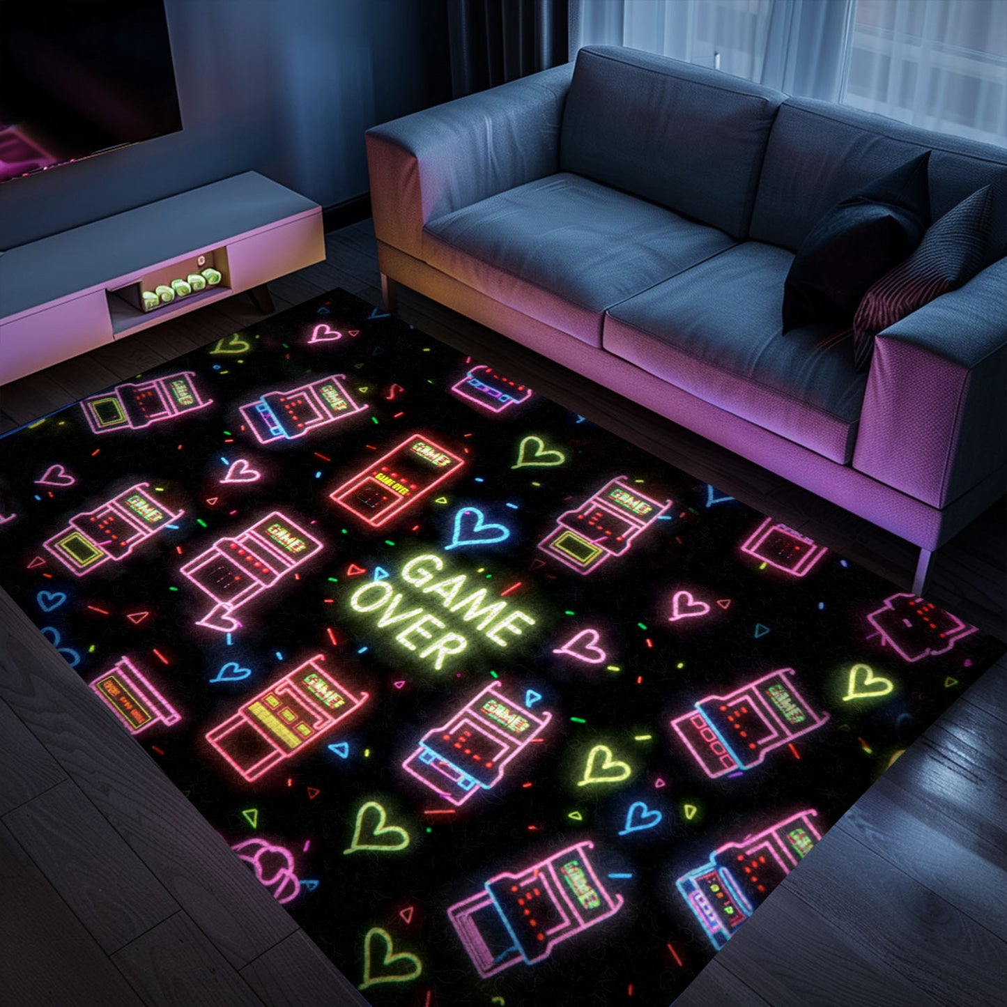 Funky Neon Video Game Retro Arcade Game Room Area Rug: Transform Your Space with Arcade-Inspired Decor, Arcade Decor, Gift for Gamers, Video Game Lovers G106