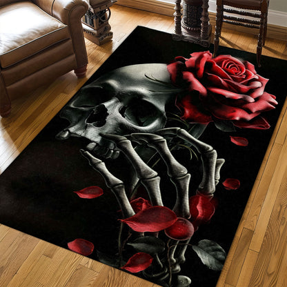 Bring Artistic Flair to Your Living Room with a Floral Skull and Handbone Pattern Rug, Skull Rug, Area Rugs 5x8, 4x6, 3x5 Size for Living Room Bedroom Home Decorative Skull K27