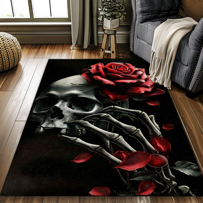 Bring Artistic Flair to Your Living Room with a Floral Skull and Handbone Pattern Rug, Skull Rug, Area Rugs 5x8, 4x6, 3x5 Size for Living Room Bedroom Home Decorative Skull K27