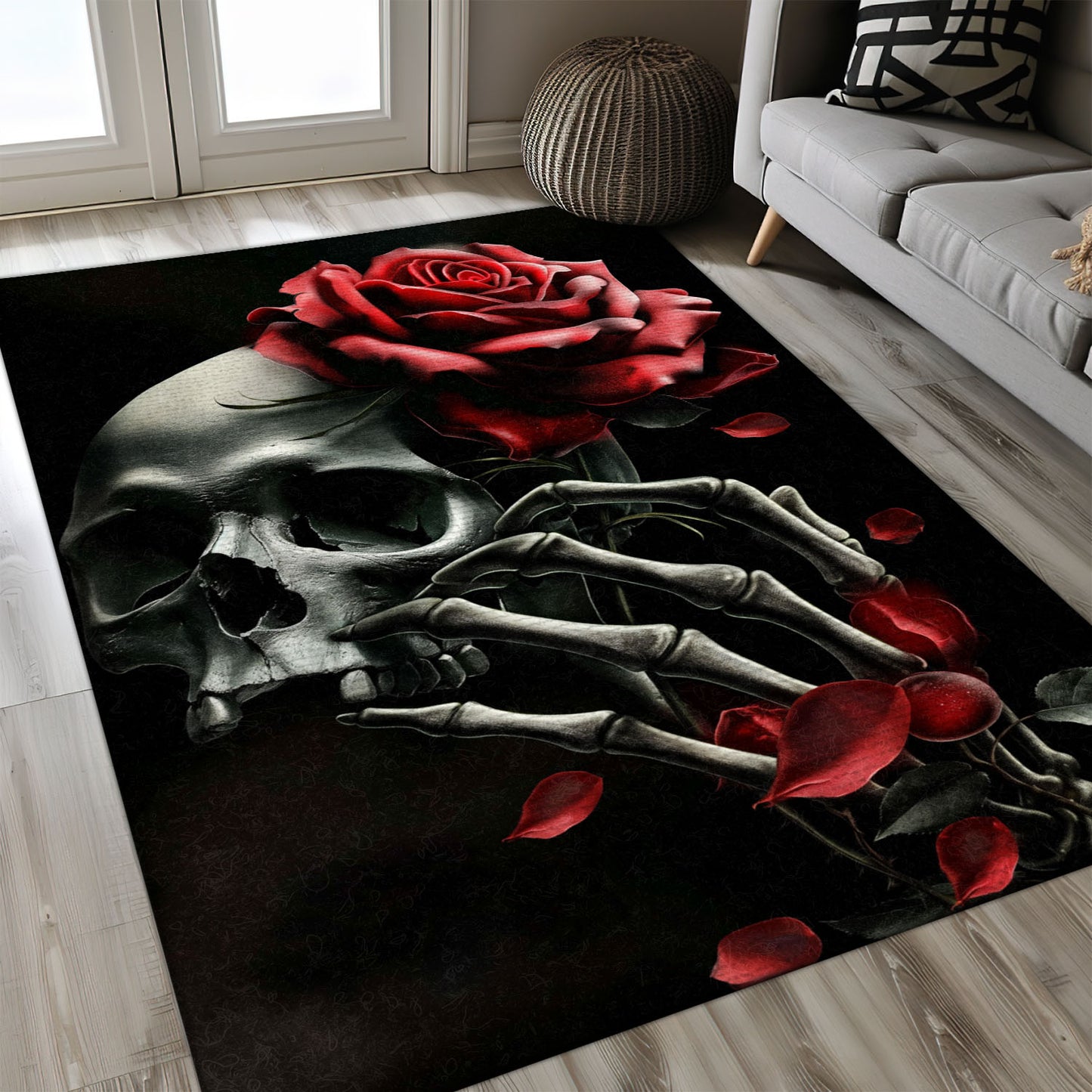 Bring Artistic Flair to Your Living Room with a Floral Skull and Handbone Pattern Rug, Skull Rug, Area Rugs 5x8, 4x6, 3x5 Size for Living Room Bedroom Home Decorative Skull K27